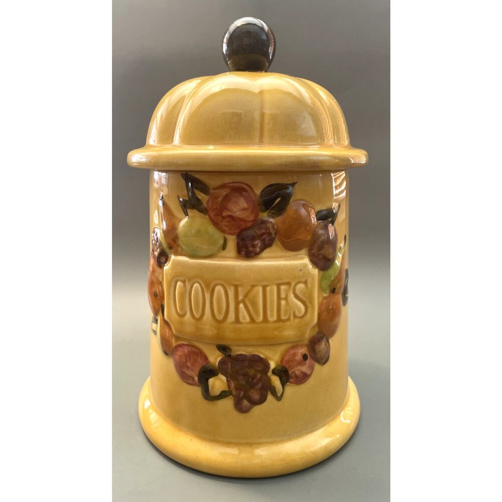 Vintage Golden Yellow Round Fruit Cookie Jar With Lid